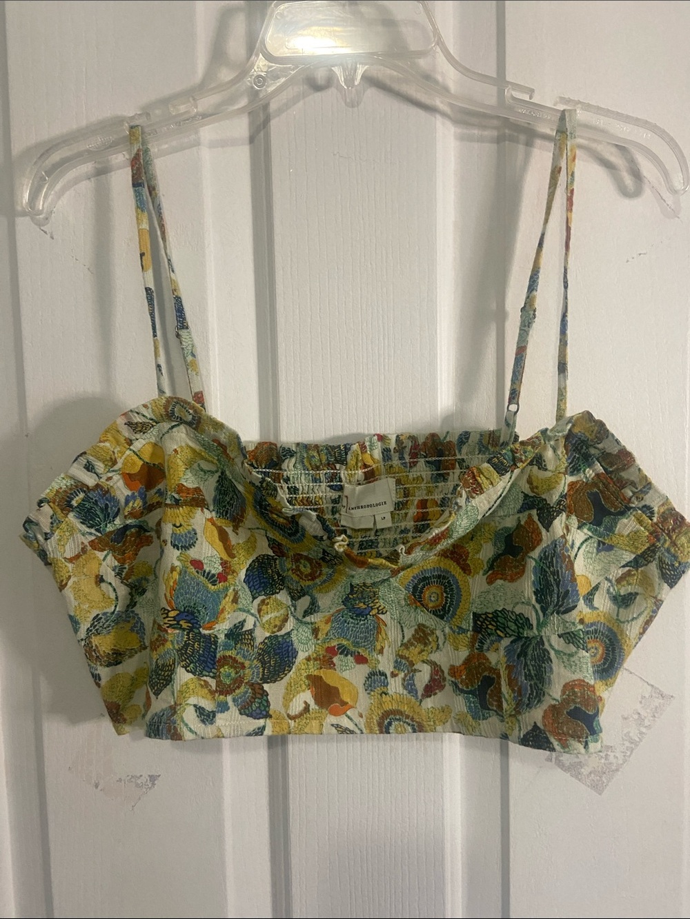 Anthropologie Yellow Multi Floral Smocked Crop Top